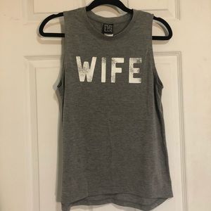 2/$20 ‘Wife’ grey graphic tee, muscle tank